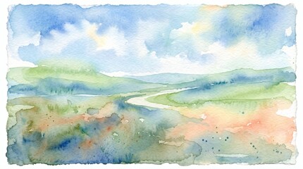 Naklejka premium Watercolor landscape painting of a serene countryside with rolling hills