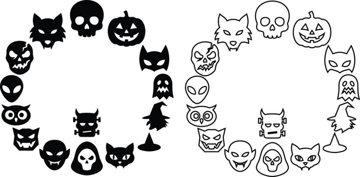 Halloween icons and symbols in a circular pattern for spooky designs