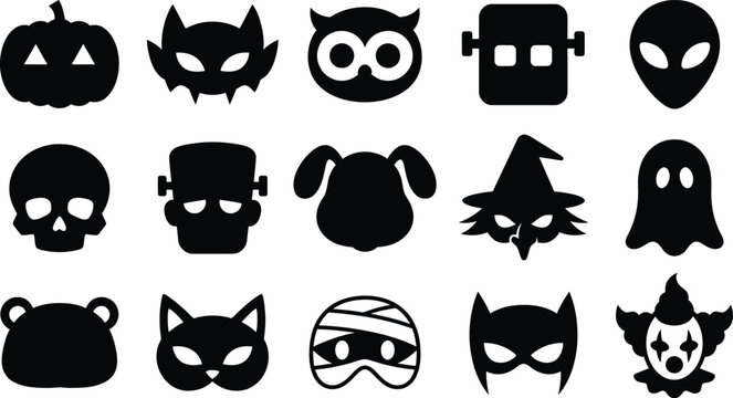 Halloween icons black silhouettes for design and decoration