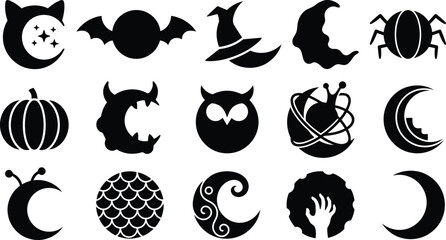 Halloween icons and symbols in black on white background for design