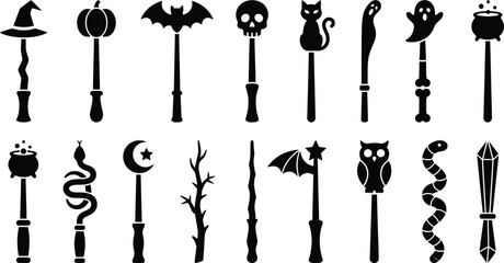 Halloween magic wands in black silhouette on white background for spooky designs © MD Hasan