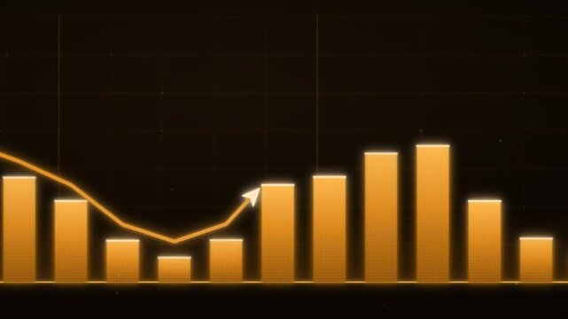 Golden financial bar chart and fluctuating line graph animation tracking market growth
