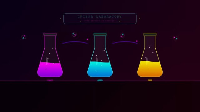 Inside a dark virtual lab, CRISPR Gene Editing technology is visualized through glowing particles flowing between colorful chemistry flasks during this abstract animation sequence.