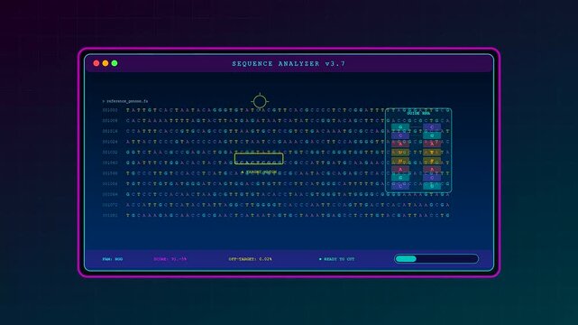 Futuristic computer screen displaying CRISPR Gene Editing analysis with glowing interface elements and genetic sequences visible on screen in a dark room