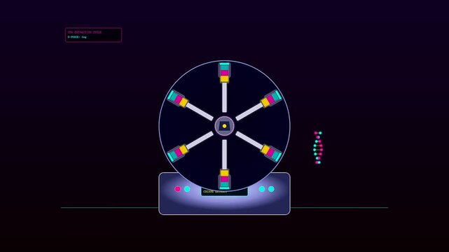 A circular centrifuge machine displays crispr gene editing processes as biological samples rotate quickly beneath glowing interface indicators against a dark purple abstract digital environment