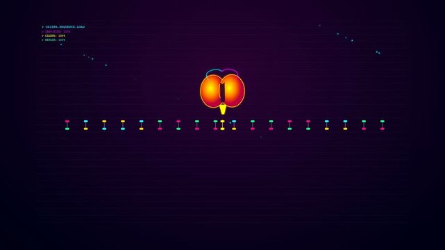 A detailed molecular sequence animation showing crisp gene editing as a glowing protein structure interacts with a string of colorful dots on a dark digital field
