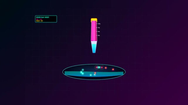 A digital representation of crispr gene editing processes showing a pipette dispensing fluid into a petri dish as animated particles float inside the dark circular interface