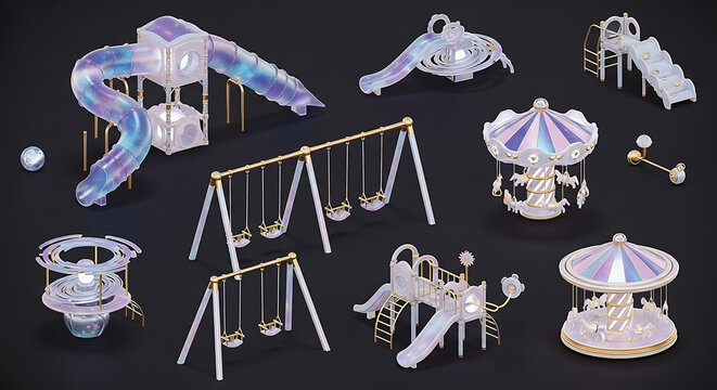 Magical playground clipart set featuring iridescent carousel and swing equipment with holographic textures and elegant gold accents for fantasy