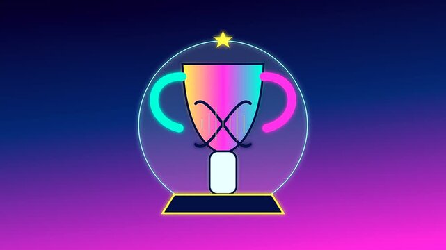 The crispr gene editing trophy animation glows with radiant neon colors inside a sphere floating over a dark gradient surface representing victory in scientific laboratory achievements