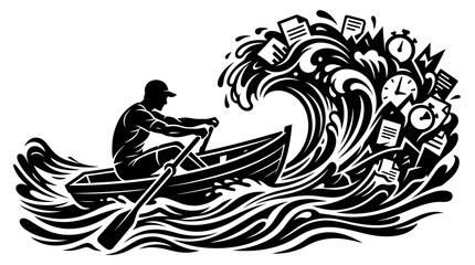 Man rowing boat through wave of documents and clocks, symbolizing overwhelm and deadlines © chengchunglinba