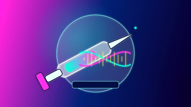 A vivid digital CRISPR gene editing animation showcases a glowing syringe with dna strand structures floating inside a circular neon interface set against a purple gradient