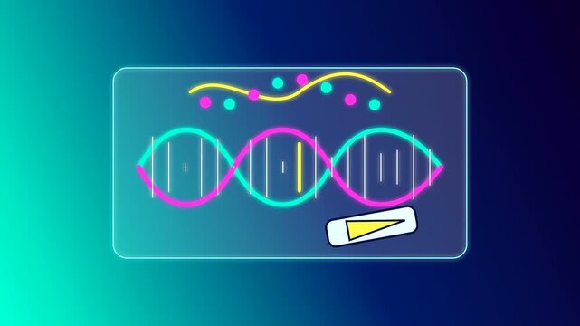 The process of crispr gene editing animated on a digital interface showing dynamic dna strands shifting with neon circular dots and an interactive yellow triangle progress indicator