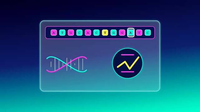 A sequence of crispr gene editing displays showing genomic data progression on glowing digital glass panels set against a smooth vibrant teal and blue gradient backdrop