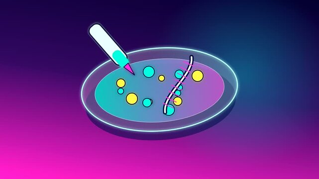 Three panels showing crisp gene editing as a glowing pipette manipulates vibrant spherical markers on a petri dish inside a dark violet illuminated laboratory space