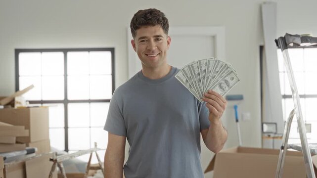 Man holds a fan of dollars in hand among moving boxes inside a building under renovation; confidence success wealth.