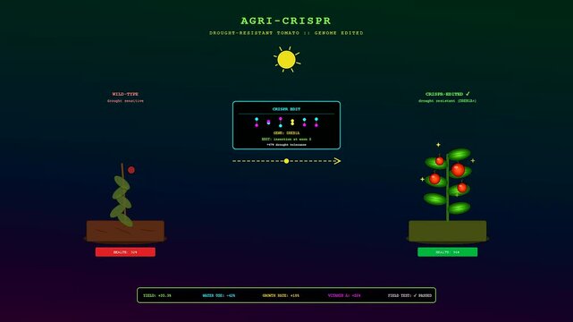 A detailed display of crispr gene editing processes showing modified vegetable growth patterns in a sequence of digital charts for laboratory research and agricultural science studies