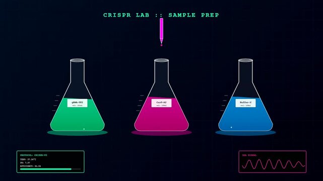 A sophisticated CRISPR gene editing process depicted with glowing digital laboratory beakers displaying animated fluid changes and data metrics on a dark purple grid interface display
