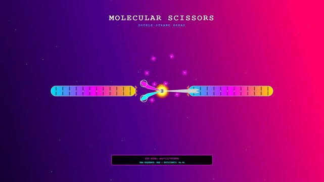 The crispr gene editing process shows molecular tools splitting a glowing double helix strand in a digital simulated environment for genetic research and laboratory studies