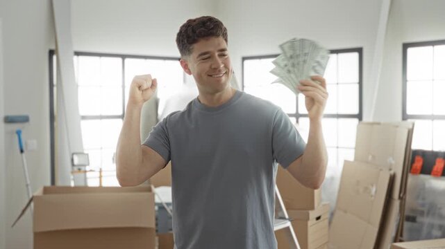 Man holding dollars and clenched fist in building during move with packed boxes and ladder; joy relocation.