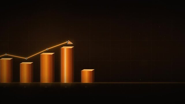 Golden 3D bar chart and line graph animation tracking market fluctuation
