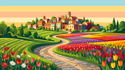 Obraz premium Golden morning sunlight shining across colorful tulip fields, beautiful winding road leading into a picturesque city, lush green countryside, enchanting spring atmosphere
