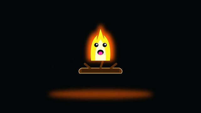 Animated cute campfire character displaying Halloween upcycled decor vibes with changing facial expressions on a dark stage setting in this creative motion design vector graphic
