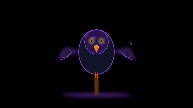 a whimsical purple owl character performing rhythmic head movements on a wooden perch perfect for halloween and upcycled decor displays within a festive digital animation