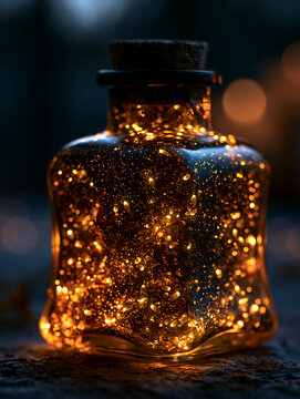 The enchanting allure of a glass bottle filled with glowing golden fireflies