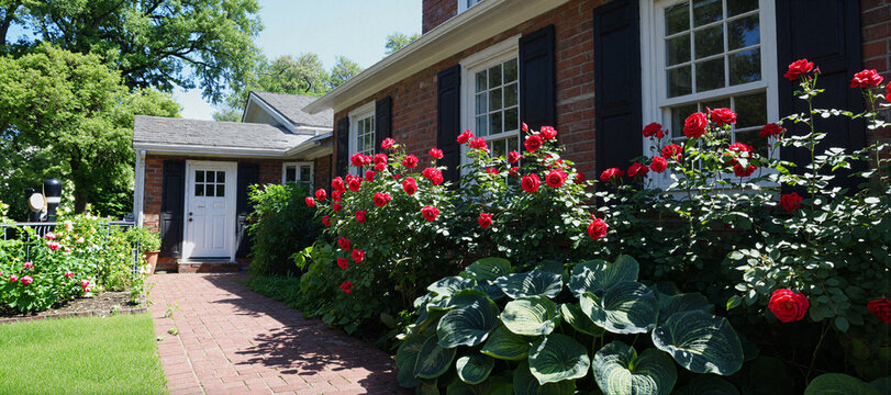Red rose bushes in front yard of a brick house with path