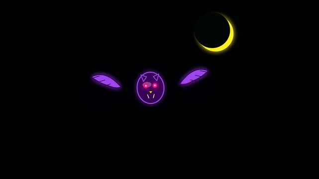 A glowing purple bat character oscillates across a dark void near a yellow crescent moon showing whimsical halloween upcycled decor style animation in a playful scene