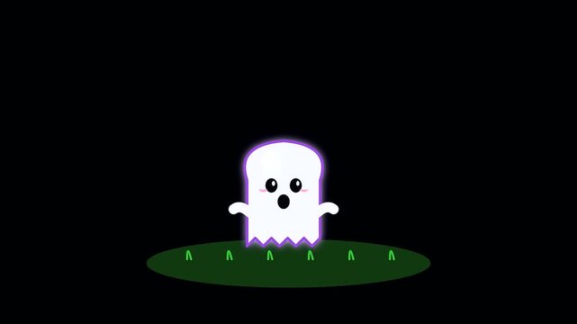 Small spectral phantom floats above circular patches of grass using upcycled decor for a playful halloween scene with a luminescent purple glow in dark settings