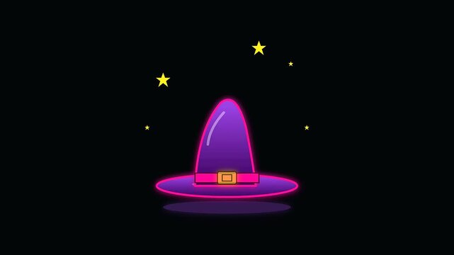 Animated purple witch hat levitating in three sequences for halloween festive displays as vibrant upcycled decor elements set against a stark solid black visual field