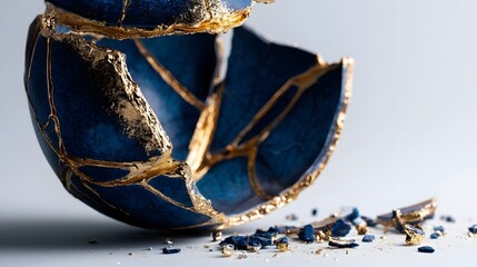Obraz premium Cracked ceramic vessel with glowing gold kintsugi seams, wide view