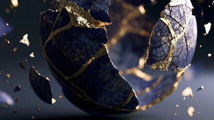 Fototapeta premium Ceramic vessel shattering with molten gold kintsugi cracks