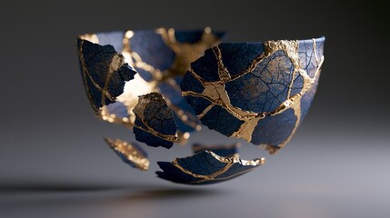 Obraz premium Abstract kintsugi fracture with pooling gold seams on ceramic
