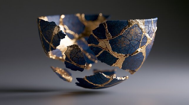 Abstract kintsugi fracture with pooling gold seams on ceramic