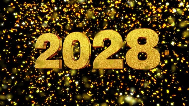 Gold confetti 3d text logo Western calendar Year 2028