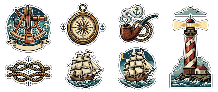 Nautical Vintage Sticker Set with Sailing Ship and Lighthouse