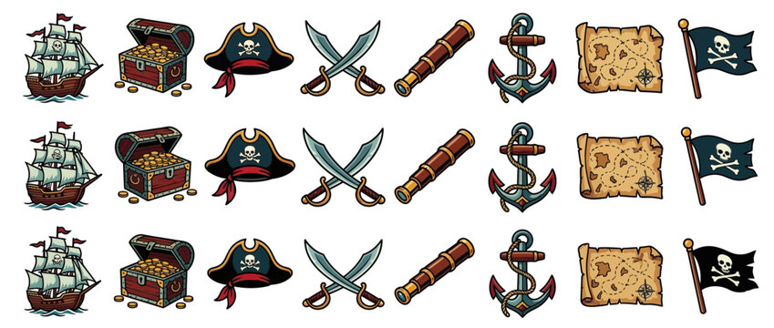 Pirate Adventure Icon Set with Ship Treasure Chest and Map
