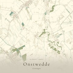 Fototapeta premium Vintage Canvas Map of Onstwedde, Netherlands | Scandinavian Wall Art | Historic Topographic