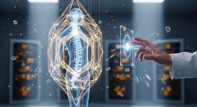 Advanced healthcare security protecting medical data privacy and hipaa compliance with a digital human body shield and glowing interface screen