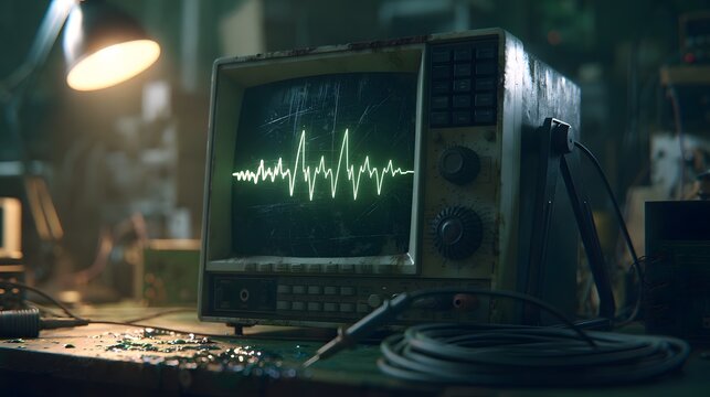 Weathered analog oscilloscope with waveform trace at night