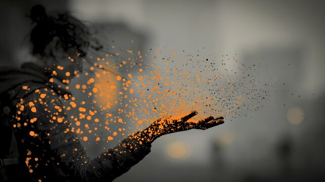 Silhouette of a person's hand and shoulder dissolves into orange and black particles against a blurred grey urban background symbolizing digital transformation and disintegration