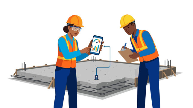 Construction workers using smart technology and sensors to monitor concrete foundation curing on a building site
