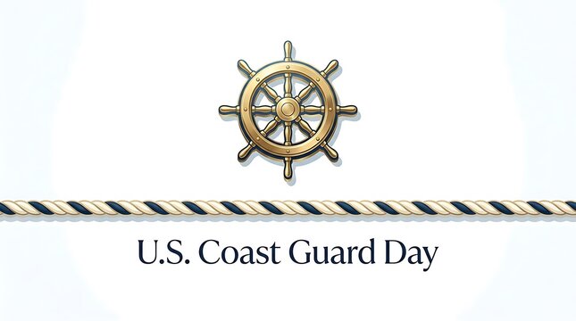 US Coast Guard Day with Ships Wheel and Rope on White Background.