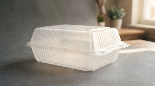 Clear Plastic Takeout Food Container with Rippled Texture on a Dark Surface with Blurred Background