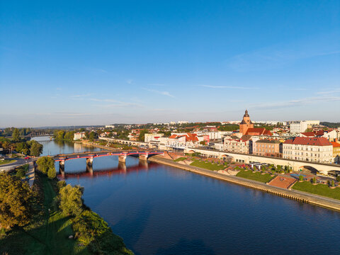 Aerial drone view of old town bridge and boulevard of Gorz&oacute;w Wielkopolski. Poland 