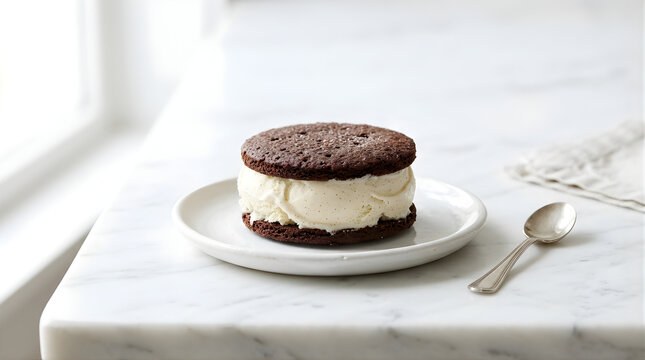 Decadent Chocolate Ice Cream Sandwich Dessert on a White Plate with Spoon Detail on a Marble Countertop