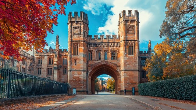 Autumnal view of a grand stone archway leading to a historic building.
