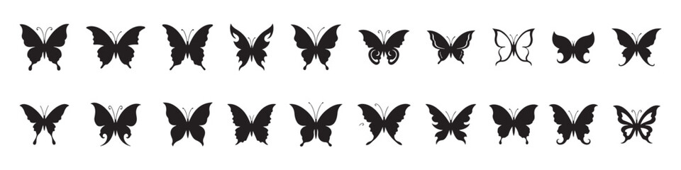 Black butterfly silhouette set with elegant flying and resting insect shapes in minimalist vector illustration collection © RadheK 